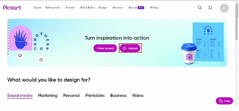 Bước 2:  Sau khi bạn đã đăng nhập > Chọn Upload > Chọn ảnh chứa logo mà bạn muốn xóa lên Picsart > Nhấn Open.