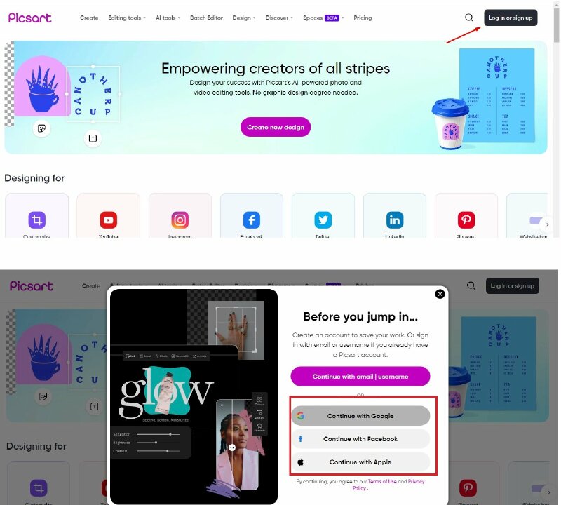 Bước 1: Truy cập vào trang web Picsart và đăng nhập vào tài khoản của bạn. Nếu bạn chưa có tài khoản, bạn có thể tạo mới một tài khoản miễn phí bằng cách chọn phương thức đăng nhập bằng Google hoặc Facebook.