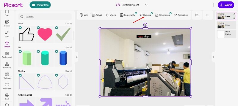 Bước 3: Nhấn vào ảnh vừa tải lên > Chọn Remove trên thanh công cụ.