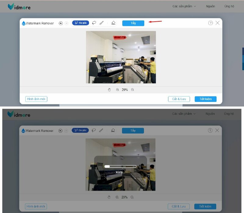 Bước 4: Sau khi đánh dấu xong vùng có logo cần xóa hãy bấm vào Tẩy, ứng dụng sẽ tự động phân tích và xóa.