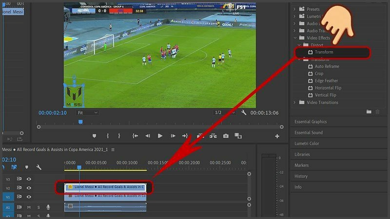 Bước 8: Thực hiện nhấn và kéo thả hiệu ứng Transform vào frame video trên.