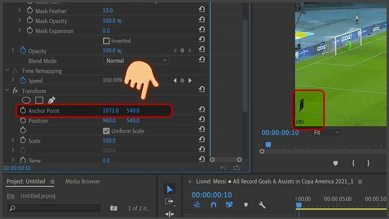 Bước 9: Lúc này tại tab Effects Control đã xuất hiện hiệu ứng Transform. Hãy đặt con trỏ chuột vào các con số ở mục Anchor Point và nhấn kéo qua lại hoặc lên xuống, quan sát ở ô số kế bên cho đến khi bạn thấy logo đã bị che mất là được. Sau khi thực hiện thay đổi này, vị trí ban đầu của logo sẽ bị thay thế bằng một vị trí khác trên video.