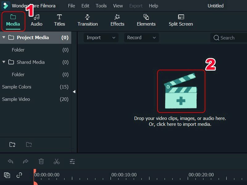 Bước 1: Mở Wondershare Filmora trên máy tính của bạn > Nhấn Media > Nhấn vào biểu tượng Media + để thêm video cần xóa logo vào > Chọn video > Nhấn Open