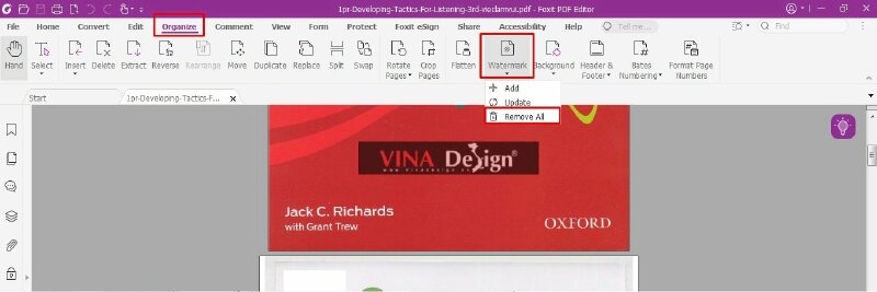 Bước 3: Nhấn vào tab Organize > Bấm vào Watermark > Chọn Remove All