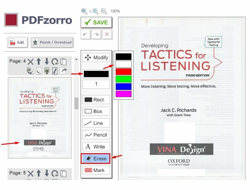 Bước 3: Bấm vào trang tài liệu PDF có logo cần xóa > Trên ô màu chọn màu cùng với màu nền của trang tài liệu > Chọn Erase