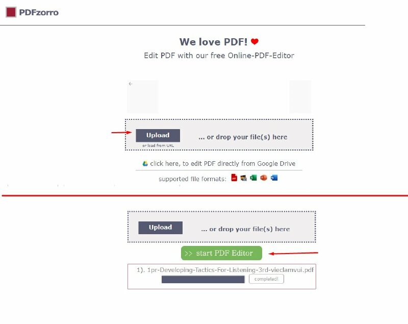 Bước 2: Bấm vào Upload để tải lên file PDF cần xóa logo lên > Bấm vào start PDF Editor 