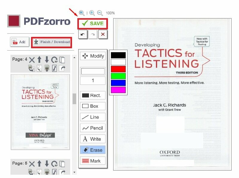 Bước 5: Sau khi xóa logo xong hãy bấm vào SAVE để lưu lại file PDF > Bấm Finish / Download để tải xuống file PDF đã xóa logo.