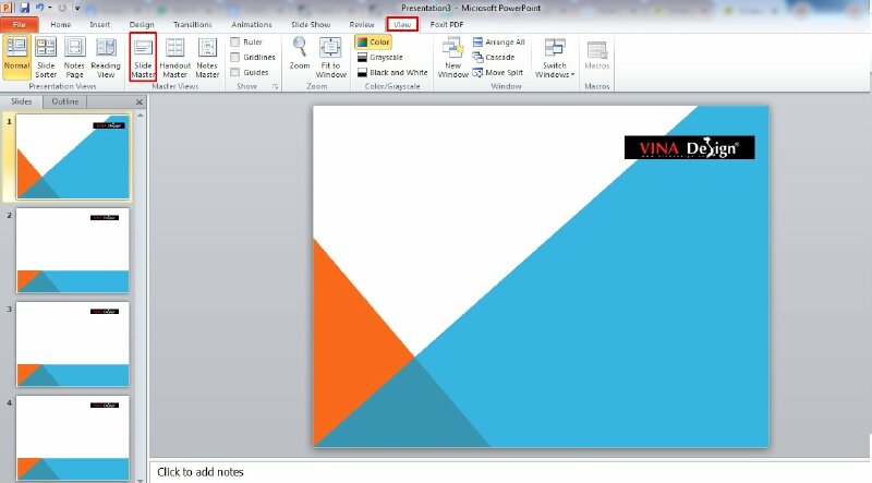 Bước 2: Vào View > Chọn Slide Master. Slide Master sẽ hiển thị tất cả các mẫu slide trong tài liệu của bạn. Tìm slide mẫu mà bạn muốn chỉnh sửa để xóa chữ logo.