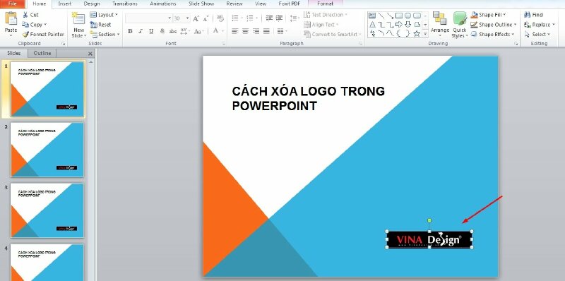 Bước 3: Chọn logo bằng cách nhấp chuột vào nó. Logo sẽ được chọn và một khung điều chỉnh sẽ xuất hiện xung quanh nó. Nhấn nút Delete (Xóa) trên bàn phím sẽ xóa logo khỏi slide.