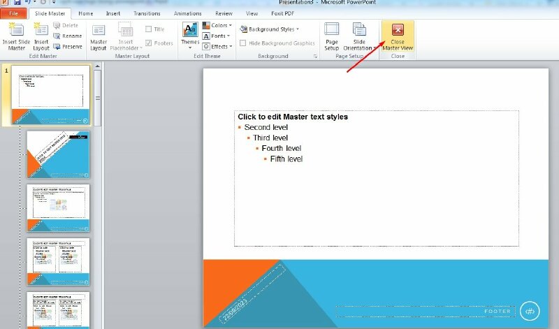 Bước 4: Sau khi bạn đã xóa chữ logo, bạn có thể đóng Slide Master bằng cách nhấp vào nút Close Master View ở góc trên cùng bên phải của cửa sổ.
