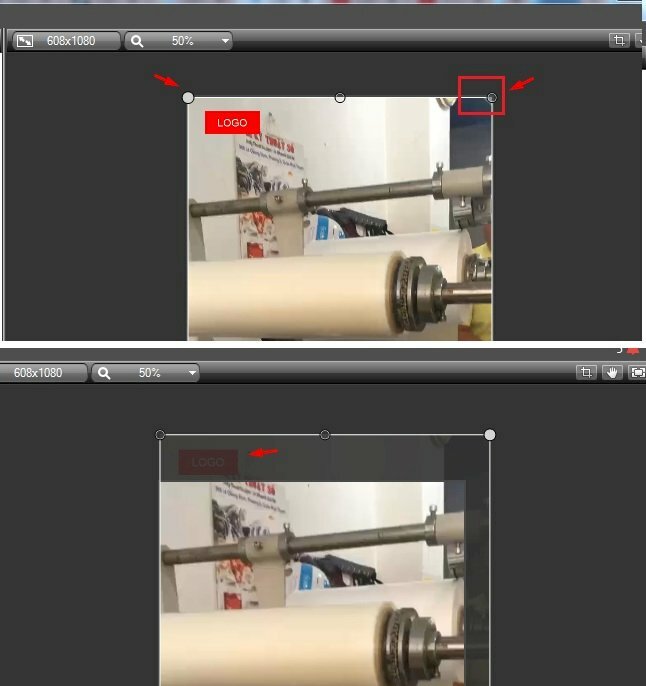 Bước 4: Bấm chọn video trên timeline > Tại góc phải/góc trái của video bạn thấy xuất hiện các ô tròn nhỏ hãy di chuột vào đó đến khi xuất hiện dấu mũi tên 2 chiều hãy nhấn giữ chuột để kéo to video > Lúc này phần logo đã biến mất. Sau đó bạn có thể thực hiện căn chỉnh lại vị trí của video trong khung sao cho phù hợp.