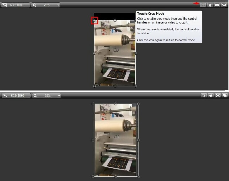 Bước 5:  Hãy nhấn vào Crop > Tại góc phải/góc trái của video bạn thấy xuất hiện các ô tròn nhỏ hãy di chuột vào đó đến khi xuất hiện dấu mũi tên 2 chiều hãy nhấn giữ chuột để kéo điều chỉnh lại video cho phù hợp. 