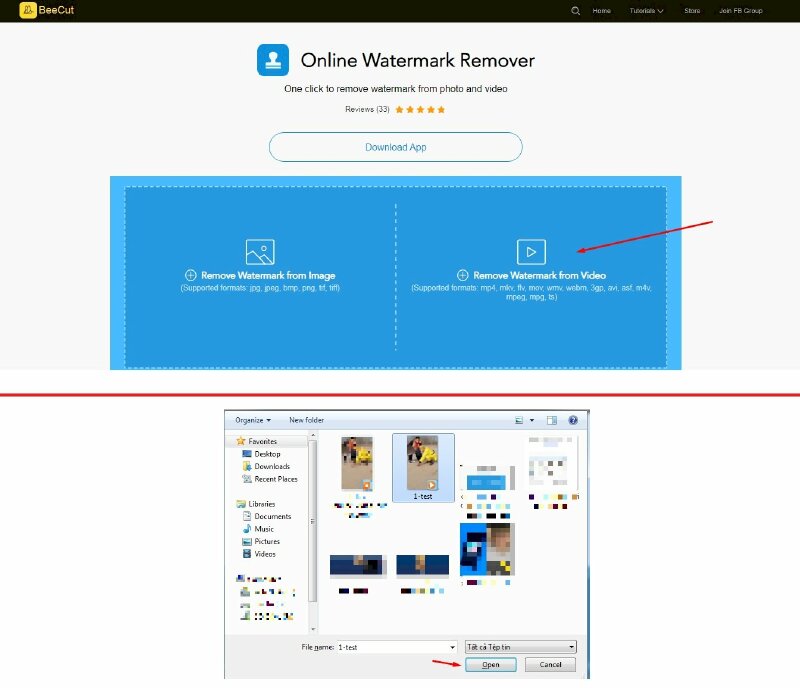 Bước 2: Bấm chọn Remove Watermark from Video, bạn có thể chọn video với các định dạng như: MP4, MKV, FLV, MOV, WMV, WEBM, 3GP, AVI, ASF, M4V, MPEG, MPG, TS. > Bấm chọn video cần xóa logo > Nhấn Open.