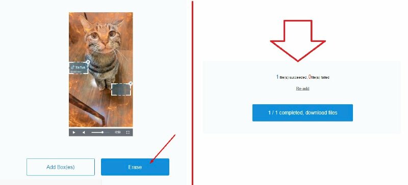 Bước 4: Sau khi chọn xong tất cả các vị trí có logo trên video mà bạn muốn xóa hãy bấm vào Erase ở góc dưới bên phải màn hình > Bấm download files để tải video đã xóa logo xuống máy tính.