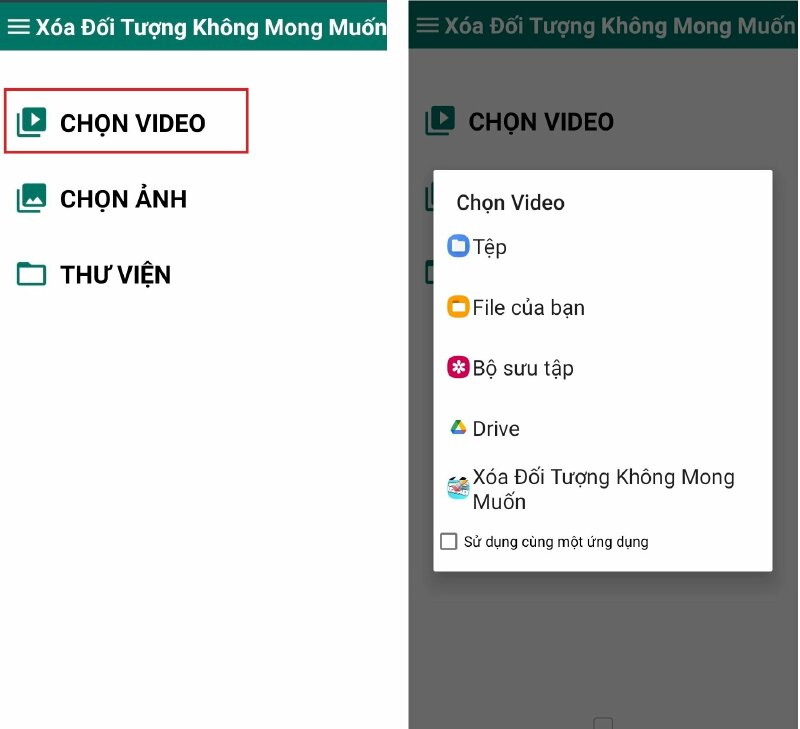 Bước 2: Mở ứng dụng Remove Object sau khi đã cài đặt xong > Nhấn vào CHỌN VIDEO để nhập video từ thư viện của bạn.