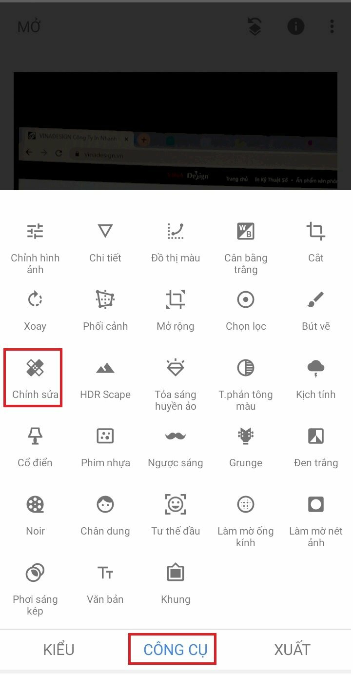 Bước 3: Bấm chọn vào chữ CÔNG CỤ > Chọn tiếp Chỉnh sửa