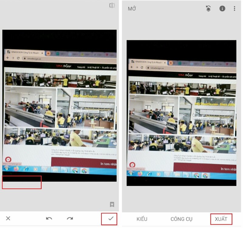 Bước 5: Khi bạn đã hoàn thành việc xóa logo trên ảnh hãy bấm dấu tích V dưới góc phải màn hình > Nhấn nút Lưu hoặc Xuất để lưu bức ảnh đã xóa logo về điện thoại.