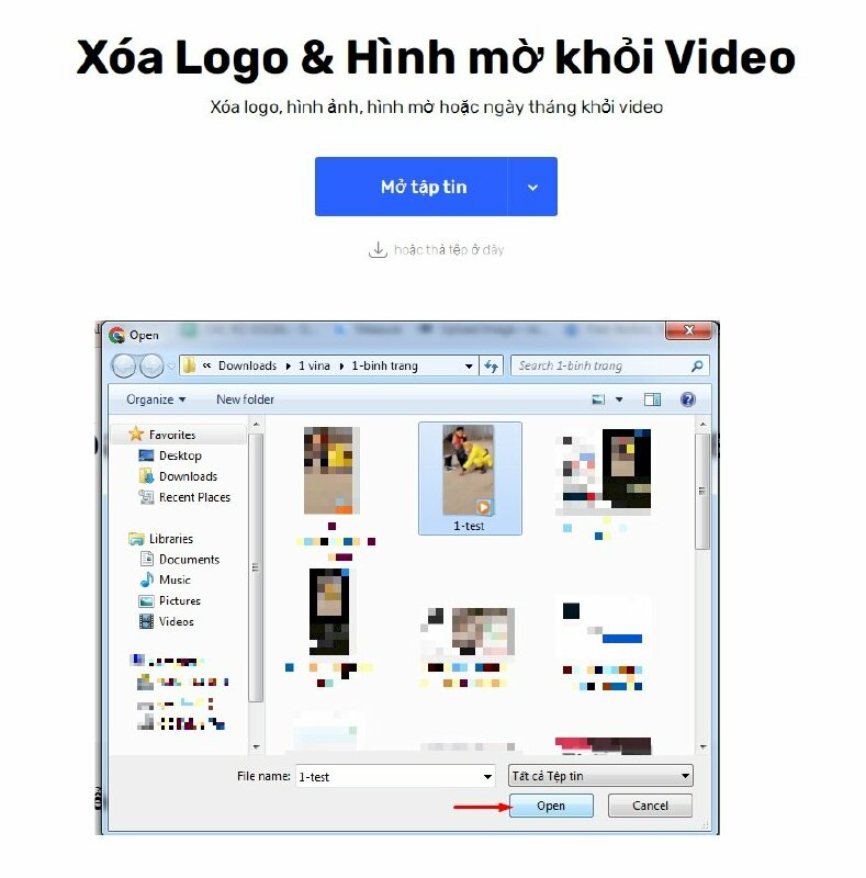 Bước 2:  Bấm vào Mở tập tin > Tải lên video cần xóa logo > Nhấn Open