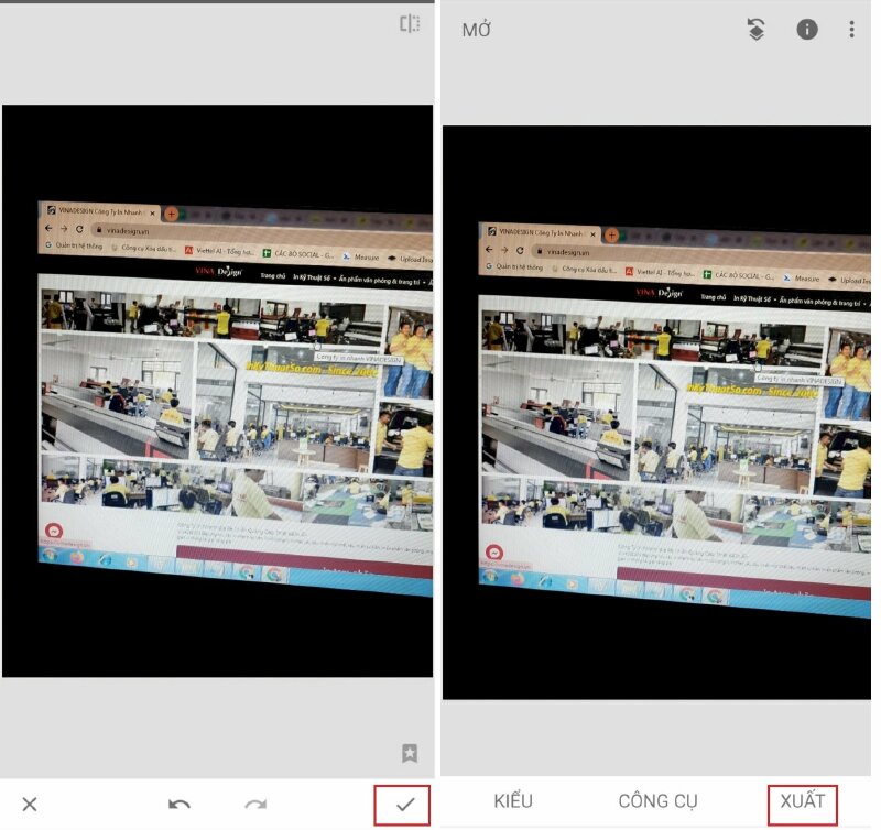 Bước 5: Khi bạn đã hoàn thành việc xóa logo trên ảnh hãy bấm dấu tích V dưới góc phải màn hình > Nhấn nút Lưu hoặc Xuất để lưu bức ảnh đã xóa logo về điện thoại.