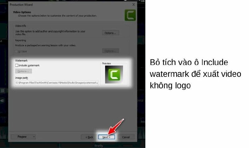 Bước 5: Trong cửa sổ Video Options, tại mục Watermark hãy bỏ tích vào ô Include watermark để xuất video không chứa logo Camtasia > Nhấp Next.