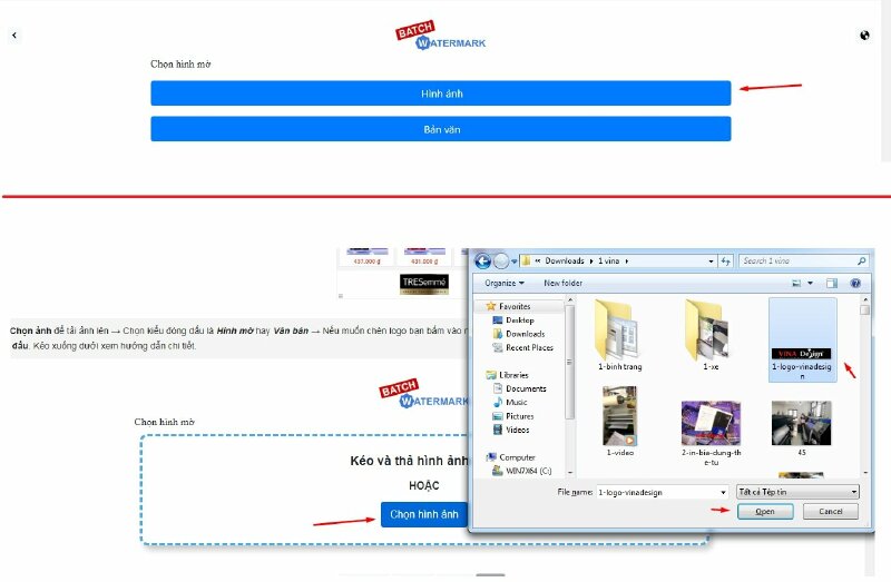 Bước 2: Sau đó chọn hình logo muốn chèn vào hàng loạt ảnh bằng cách bấm chọn Hình ảnh > Bấm Chọn hình ảnh > Chọn logo trong máy tính > Bấm Open