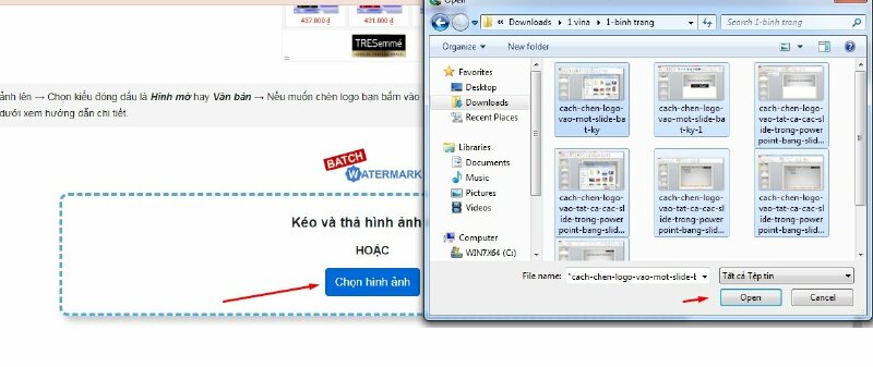 Bước 1: Truy cập vào trang Biếtmáytính >  Bấm vào Chọn hình ảnh > Chuyển đến thư mục có chứa tất cả hình ảnh bạn muốn chèn logo vào nhấn tổ hợp phím Ctr+A và nhấn Open. 