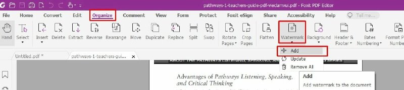 Bước 3: Nhấn vào tab Organize > Bấm vào Watermark > Chọn Add