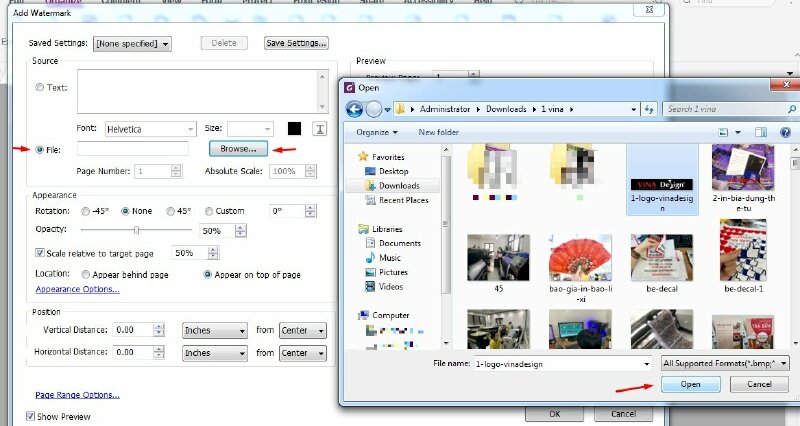 Bước 4: Trong cửa Add Watermark mới xuất hiện, tại mục Source > Bấm chọn File > Bấm Browse... để thêm logo mà bạn muốn chèn vào tài liệu > Xong hãy bấm Open.