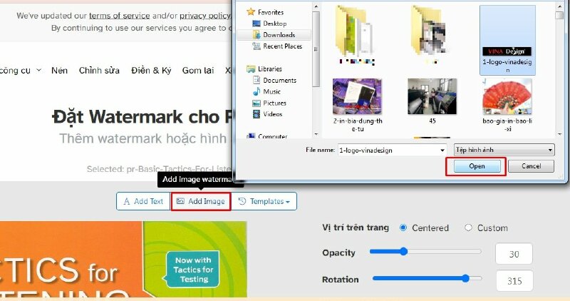Bước 3: Sau khi file đã tải lên hãy chọn Add Image > Chọn logo cần chèn > Nhấn Open
