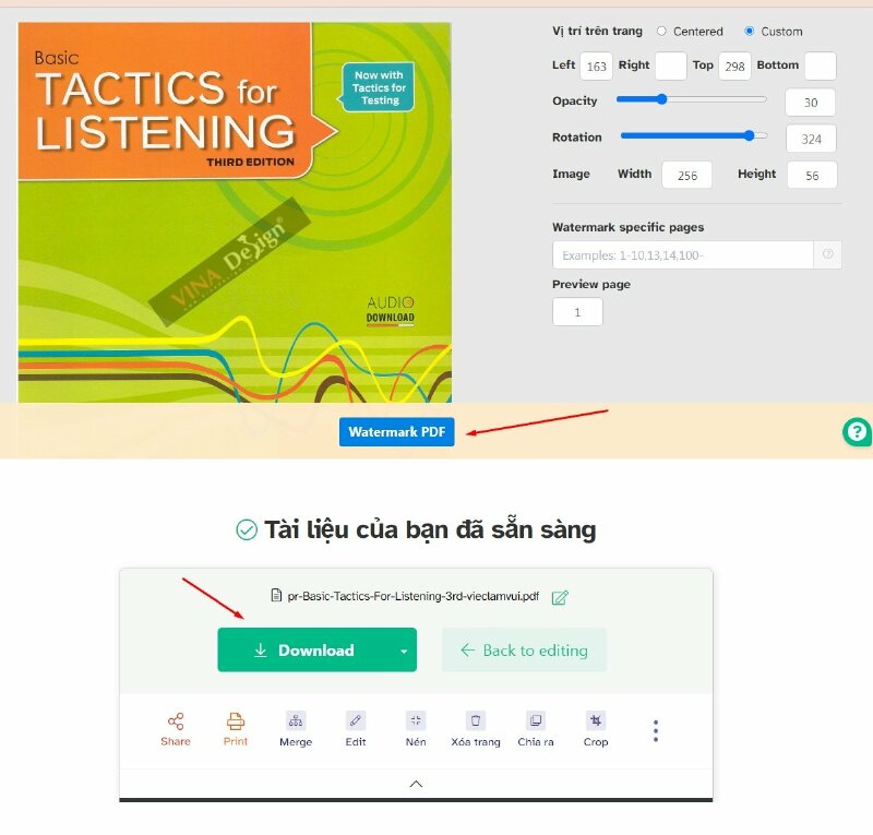 Bước 5: Sau khi bạn đã hoàn thành chèn logo vào PDF, nhấn "Watermark PDF" và sau đó chọn "Download" để lưu tài liệu PDF đã chỉnh sửa lại.