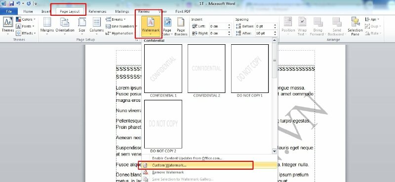 Bước 2: Chọn vị trí bạn muốn chèn watermark trong tài liệu > Chọn Tab Page Layout >> Watermark >> Custom Watermark. Đối với phiên bản Word 2003 hãy chọn Format > Background > Printed Watermark