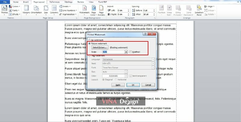Bước 3: Khi hộp thoại Printed watermark xuất hiện > Bấm chọn Picture Watermark > Select picture để chọn ảnh làm watermark.