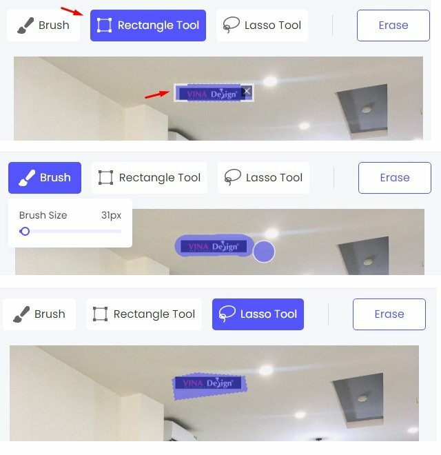 Bước 3: Tại đây bạn có thể lựa chọn ba công cụ để đánh dấu vùng logo cần xóa gồm: