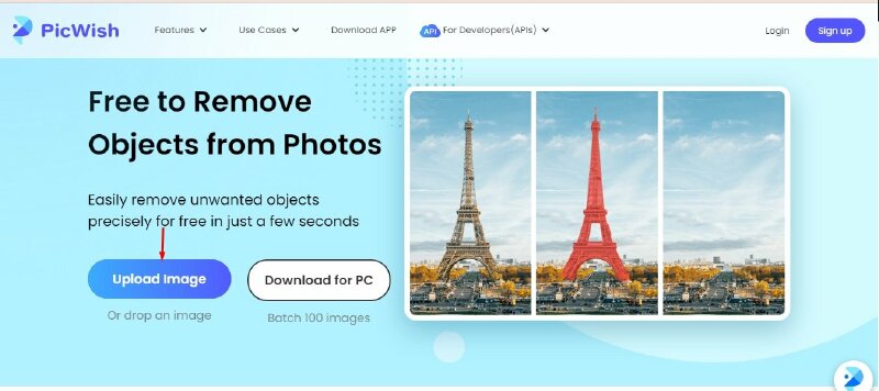 Bước 2: Bấm chọn Upload Image > Bấm chọn ảnh cần xóa logo > Nhấn Open.