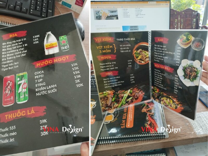 In menu quán nhậu quán bia, menu ép plastic đóng gáy lò xo - VND265