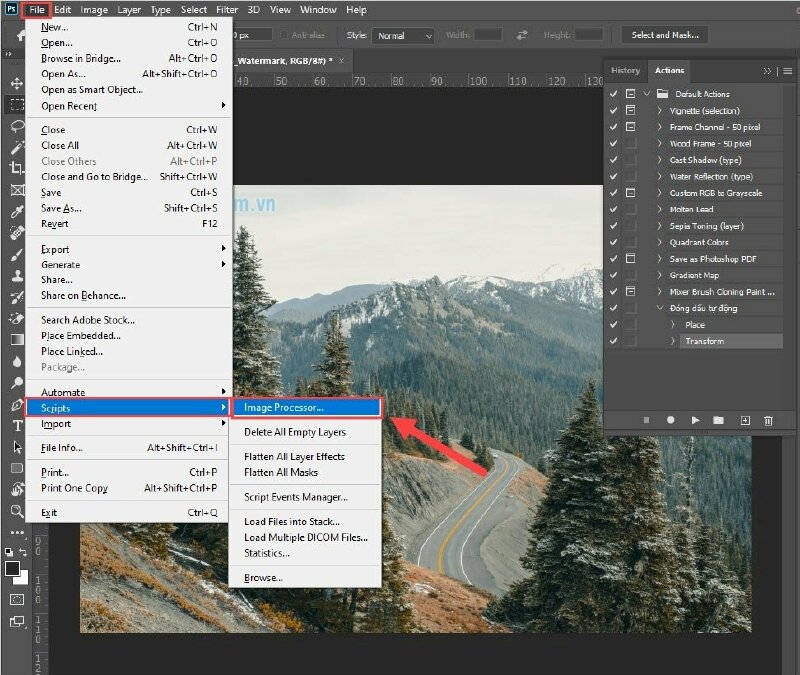 Chọn File > Chọn Scripts > Chọn Image Processor…