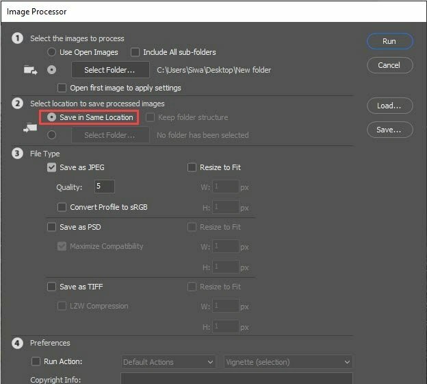 2. Select location to save processed images