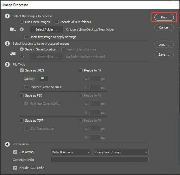 Sau khi đã hoàn thành đầy đủ các thiết lập hình ảnh, hãy chọn "RUN" để hệ thống tự động áp dụng đóng dấu logo cho tất cả các ảnh trong danh sách đã chọn.