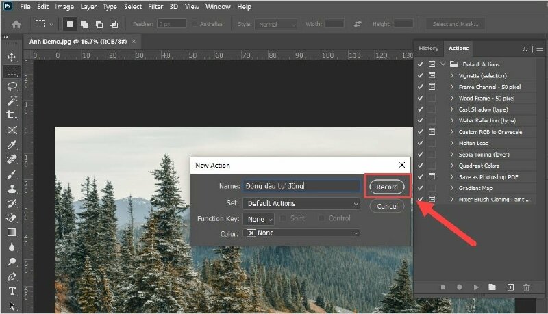 Thực hiện đặt tên cho Action và nhấp vào nút "Record" để bắt đầu ghi Action.