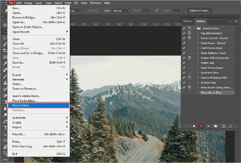 Khi hành động đang được ghi, chọn "File" >  Chọn "Place Linked" > Chọn logo > nhấn Place để tiến hành chèn logo vào hình ảnh mẫu. Bạn không cần quan tâm đến kích thước ở đây, vì chúng ta sẽ chỉnh sửa chúng trong Photoshop sau.