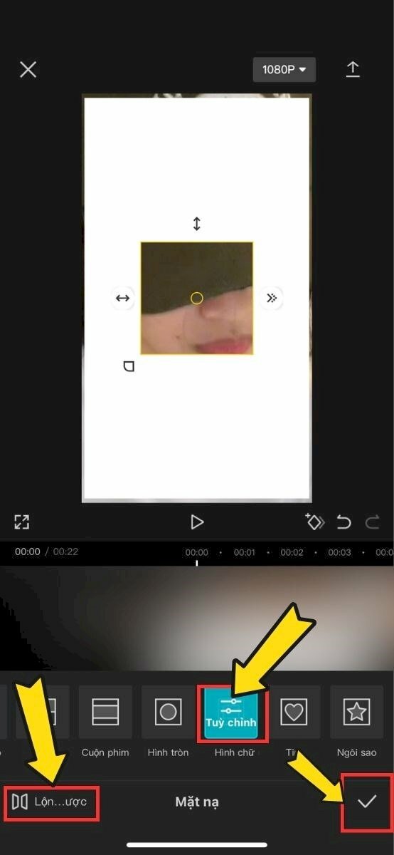 Bước 6: Trong giao diện hiển thị, chọn "Hình chữ nhật," sau đó bấm vào "Lộn ngược" ở góc dưới bên trái của màn hình. Điều chỉnh kích thước và vị trí của khung sao cho che phủ được logo TikTok.