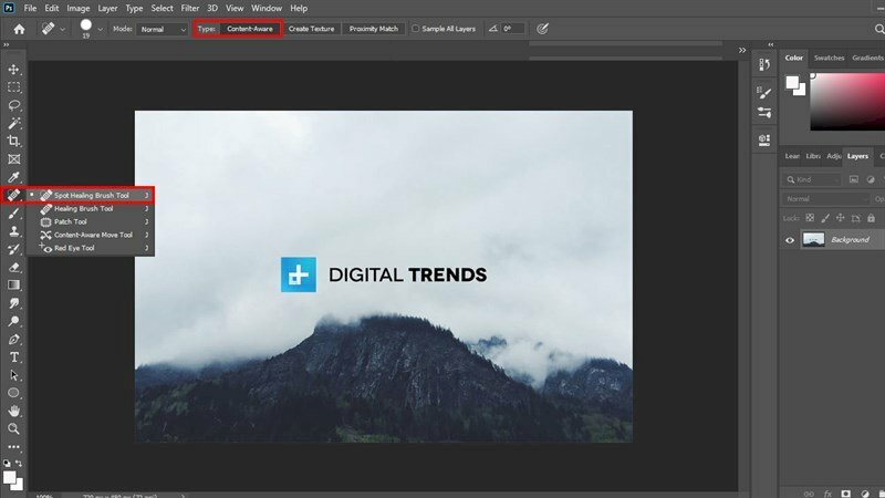 Bước 2: Tại công cụ Patch Tool hãy click chuột vào mũi tên nhỏ bên cạnh và giữ trong 1s sẽ có bộ công cụ xuất hiện > Lúc này hãy bấm chọn Spot Healing Brush Tool.