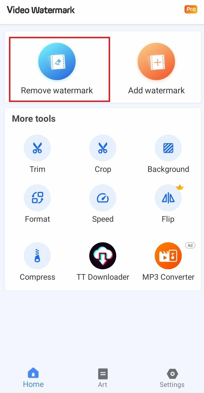 Bước 2: Mở ứng dụng Watermark remover trên điện thoại lên > Bấm chọn Watermark remover > Chọn video cần xóa