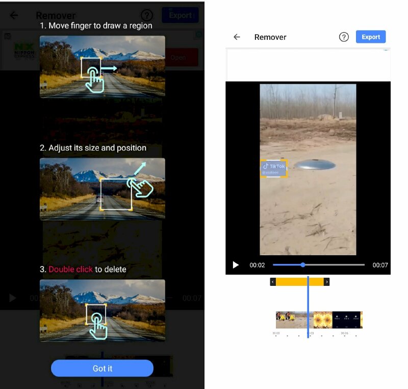 Bước 3: Di chuyển ngón tay để vẽ vùng chọn lên vị trí cần xóa logo trong video > Điều chỉnh kích thước và vị trí của nó > Để xóa vùng chọn hãy nhấp đúp chuột vào vùng chọn.