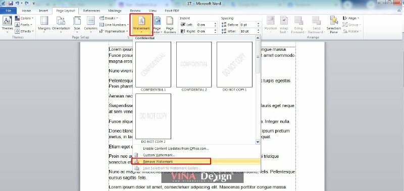 Bước 2: Chọn Tab Page Layout >> Watermark > Chọn Remove Watermark