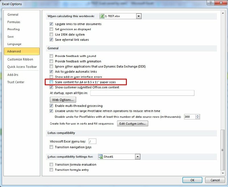 Chọn Advanced > Kéo xuống phần General > Bỏ chọn ở ô Scale content for A4 or 8.5x11" paper size > Bấm Ok.