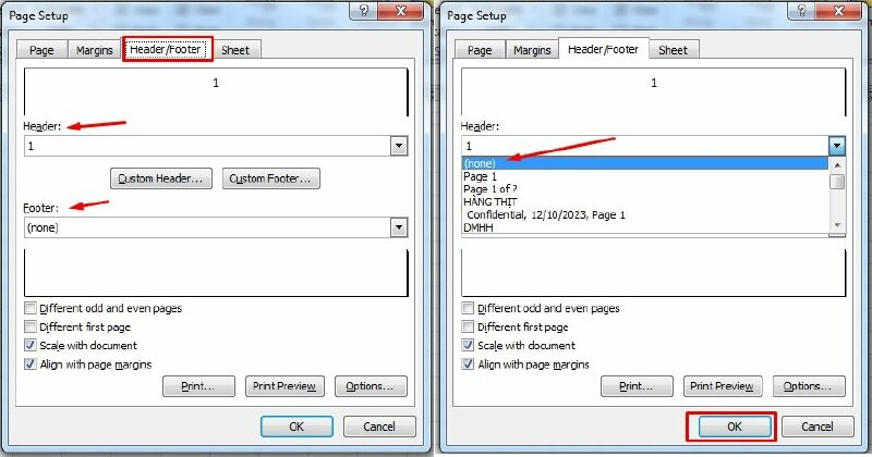 Bước 3: Khi cửa sổ Page Setup hiện ra > Bấm qua tab Header/Footer > Sau đó nhấn vào mục Header nếu bạn đã đánh số ở đầu trang hoặc nhấn vào mục Footer nếu bạn đã đánh số ở cuối trang và kéo lên tìm chọn "None" > Bấm OK.