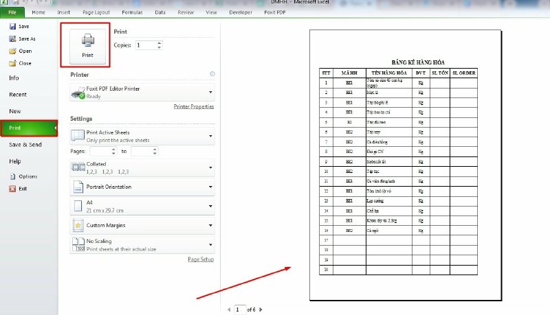 Bước 4: Sau khi đã bỏ đánh số trang trong Excel hãy bấm vào File > Print hoặc nhấn tổ hợp phím Ctrl + P để mở lệnh in > Tại đây bạn có thể xem trước trang in đã xóa đánh số trang ở bên phải màn hình, nếu đã đúng theo yêu cầu hãy bấm vào Print để in. 