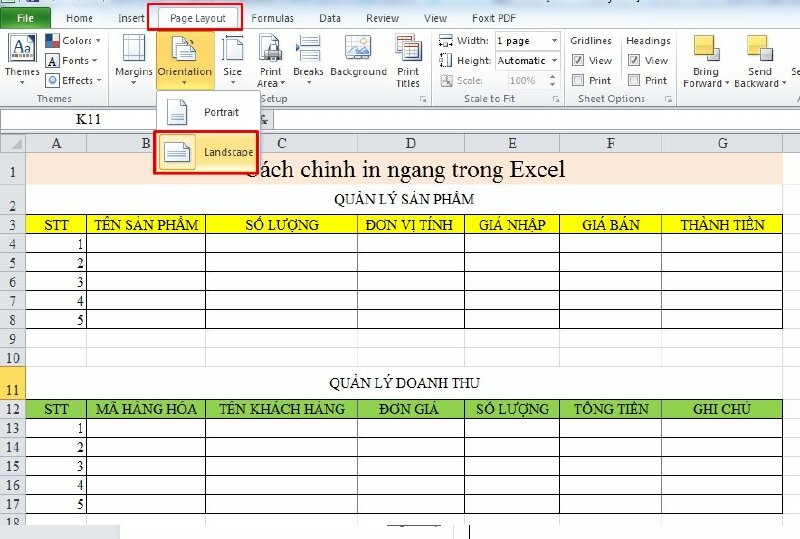 Bước 2: Bấm vào tab Page Layout > Tại Orientation bấm chọn Landscape chuyển thành khổ ngang trong Excel.