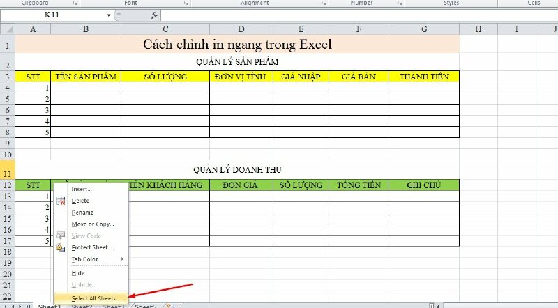 Cách chỉnh in ngang nhiều sheet trong Excel